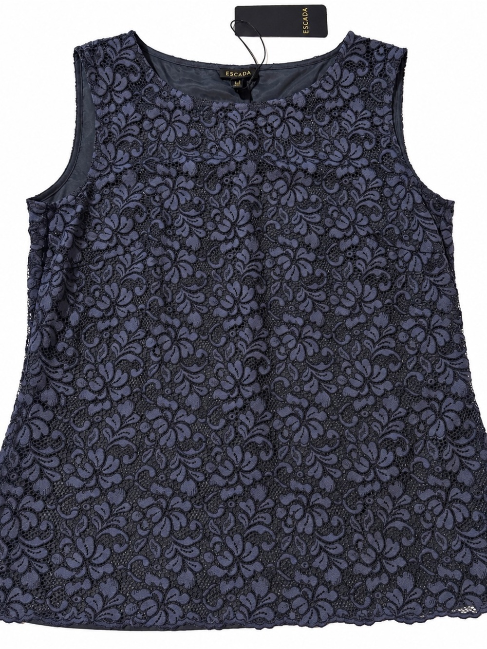 Escada Navy Floral Crochet Lace Overlay Sleeveless lined Top 36 US Small 6 NWT